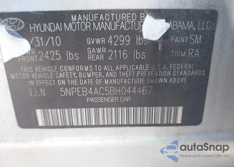 2011 Hyundai Sonata Gls from USA, damaged, VIN 5NPEB4AC5BH044467